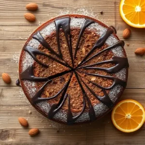 "Close-up of a slice of Chocolate Orange Almond Cake with rich chocolate ganache and almonds"