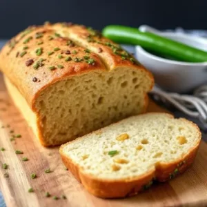 Golden brown vegan jalapeño cheddar artisan bread, fresh out of the oven