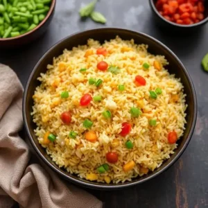 "Close-up of Anjappar Egg Fried Rice served with fresh vegetables and eggs"