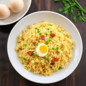 Close-up of Anjappar Egg Fried Rice with basmati rice, eggs, and curry leaves