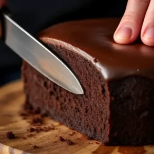 The finished Gordon Ramsay chocolate cake served on a plate, ready to be enjoyed.