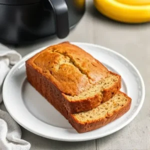 "Ingredients for air fryer banana bread including ripe bananas, flour, eggs, and sugar."