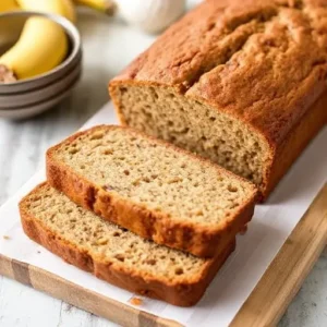 "A freshly baked loaf of gluten-free banana bread resting on a wooden cutting board, surrounded by ingredients like bananas and nuts."