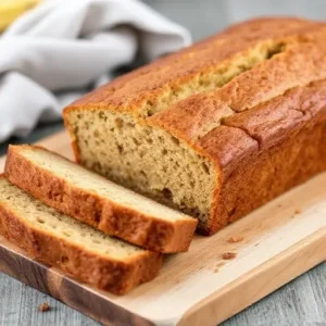 "A styled table with slices of gluten-free banana bread on a plate, surrounded by decorative elements like flowers, bananas, and a linen napkin."