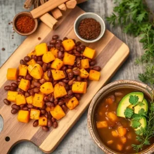 Cozy kitchen setup with squash, kidney beans, fresh herbs, and spices for cooking