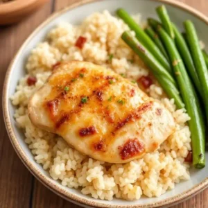 "Delicious plate of French Onion Chicken and Rice with creamy sauce, tender chicken, and fluffy rice"