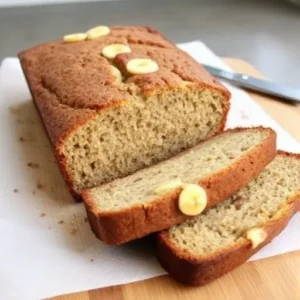 "Homemade banana bread loaf on a wooden board, baked using simple ingredients available in the UK."