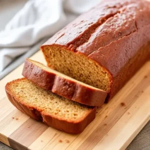 "Freshly baked banana bread on a wooden cutting board, surrounded by ripe bananas and a knife."