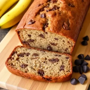 Slicing a loaf of chocolate chunk banana bread on a cutting board