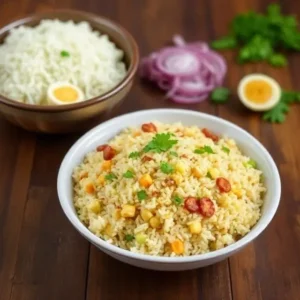 Anjappar Egg Fried Rice served with vegetables and spices