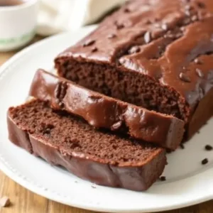 Freshly baked chocolate chip banana bread loaf with banana slices.