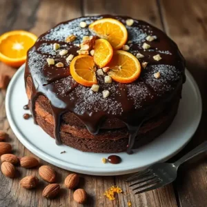 Top-down view of Prolific Oven Chocolate Orange Almond Cake with sliced pieces, orange wedges, and almonds