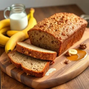 "Ingredients for vegan banana nut bread: overripe bananas, walnuts, flaxseed, plant-based milk, and maple syrup arranged on a wooden surface."