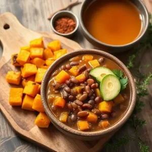 Squash and kidney beans recipe served in a rustic bowl with avocado slices on top.