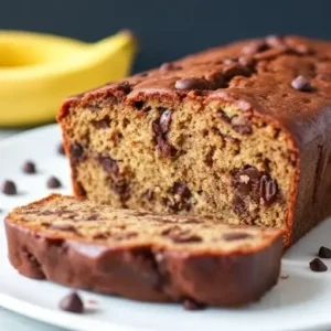 Ingredients for making chocolate chunk banana bread: ripe bananas, butter, eggs, flour, and chocolate chunks