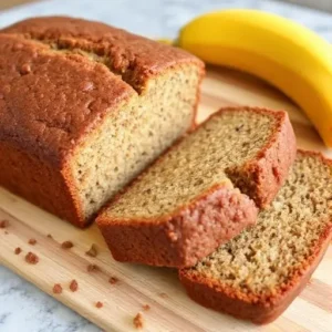 "Golden banana bread sliced on a wooden board, surrounded by ripe bananas and a cup of tea, perfect for baking in the UK."