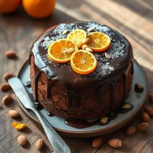 "Prolific Oven Chocolate Orange Almond Cake on a cake stand with orange slices and chopped almonds"