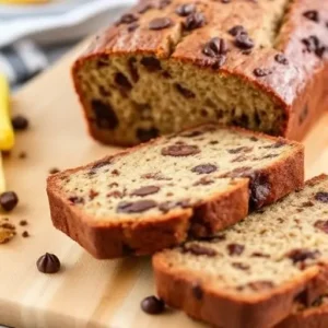 Freshly baked chocolate chunk banana bread loaf on a wooden board