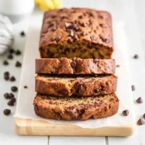 “A freshly baked loaf of chocolate chunk banana bread on a wooden cutting board, with slices cut to reveal the moist texture and chocolate pieces.”