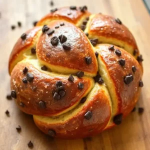 A braided loaf of chocolate chip brioche, ready for baking, with chocolate chips peeking through the golden dough.