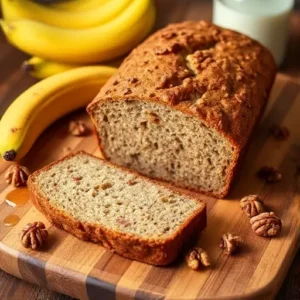 "Mixing the ingredients for vegan banana nut bread in a bowl, including mashed bananas, plant-based milk, and walnuts."