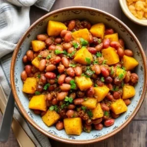 Roasted butternut squash cubes and kidney beans on a wooden cutting board with spices.