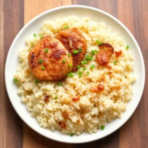 comforting plate of French Onion Chicken and Rice with caramelized onions and rice