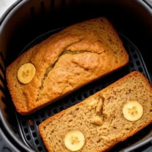 "Slicing a freshly baked loaf of air fryer banana bread, revealing its moist texture."