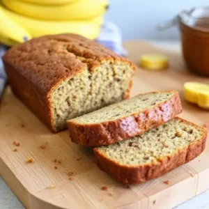 "Banana bread loaf without butter, featuring healthy substitutions like olive oil for a moist, tender texture."