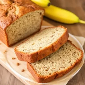 Moist banana bread made without butter, using applesauce as a substitute for a healthy and delicious loaf.