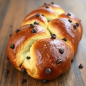 A golden-brown, freshly baked braided chocolate chip brioche on a cooling rack.