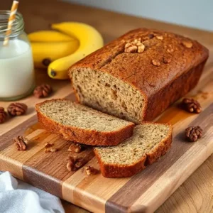 "Close-up of a slice of vegan banana nut bread showing a moist interior with visible walnuts, placed on a rustic wooden surface."