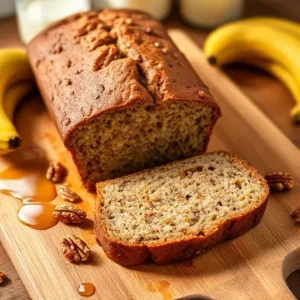 "Freshly baked vegan banana nut bread with walnuts, sliced on a wooden board, surrounded by ripe bananas and plant-based ingredients."