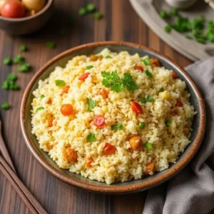 Plate of authentic Anjappar Egg Fried Rice garnished with curry leaves