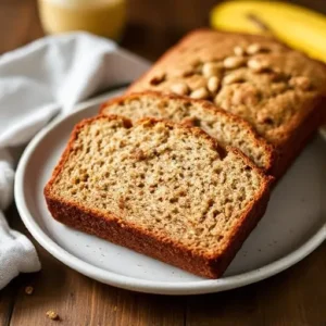 "A close-up shot highlighting the moist and fluffy texture of gluten-free banana bread with visible banana and nut pieces."