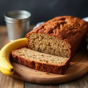 "Freshly baked banana bread loaf"