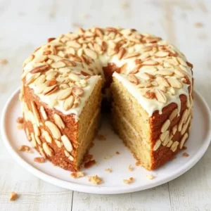 Slice of almond praline cake with a fork