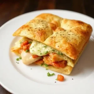 "Crispy, golden Chicken and Cheese Jalousie on a baking tray with a melted cheese filling"