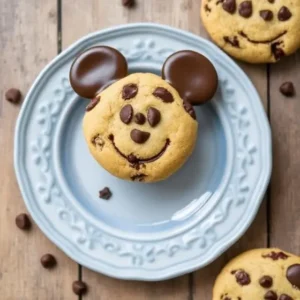 Close-up of the ingredients for Disney chocolate chip cookies including flour, chocolate chips, butter, and sugar.