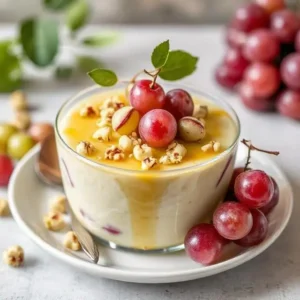 Preparing pistachio pudding with fresh grapes added