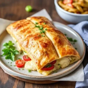 "Freshly baked Chicken and Cheese Jalousie with golden flaky puff pastry"