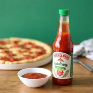 "Delicious pizza topped with Mark’s Sweet Pizza Sauce, fresh mozzarella, and pepperoni."