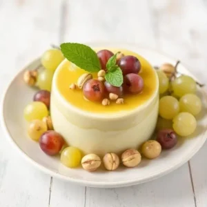 Serving pistachio pudding with grapes in dessert bowls