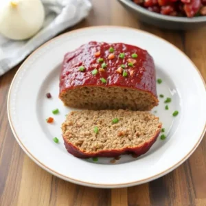 "Finished French Onion Meatloaf sliced and served on a plate."