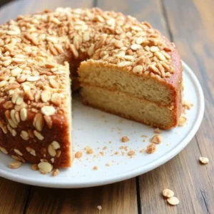 Almond praline cake with caramelized almond topping