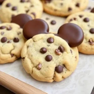 Baked Disney chocolate chip cookies on a cooling rack.